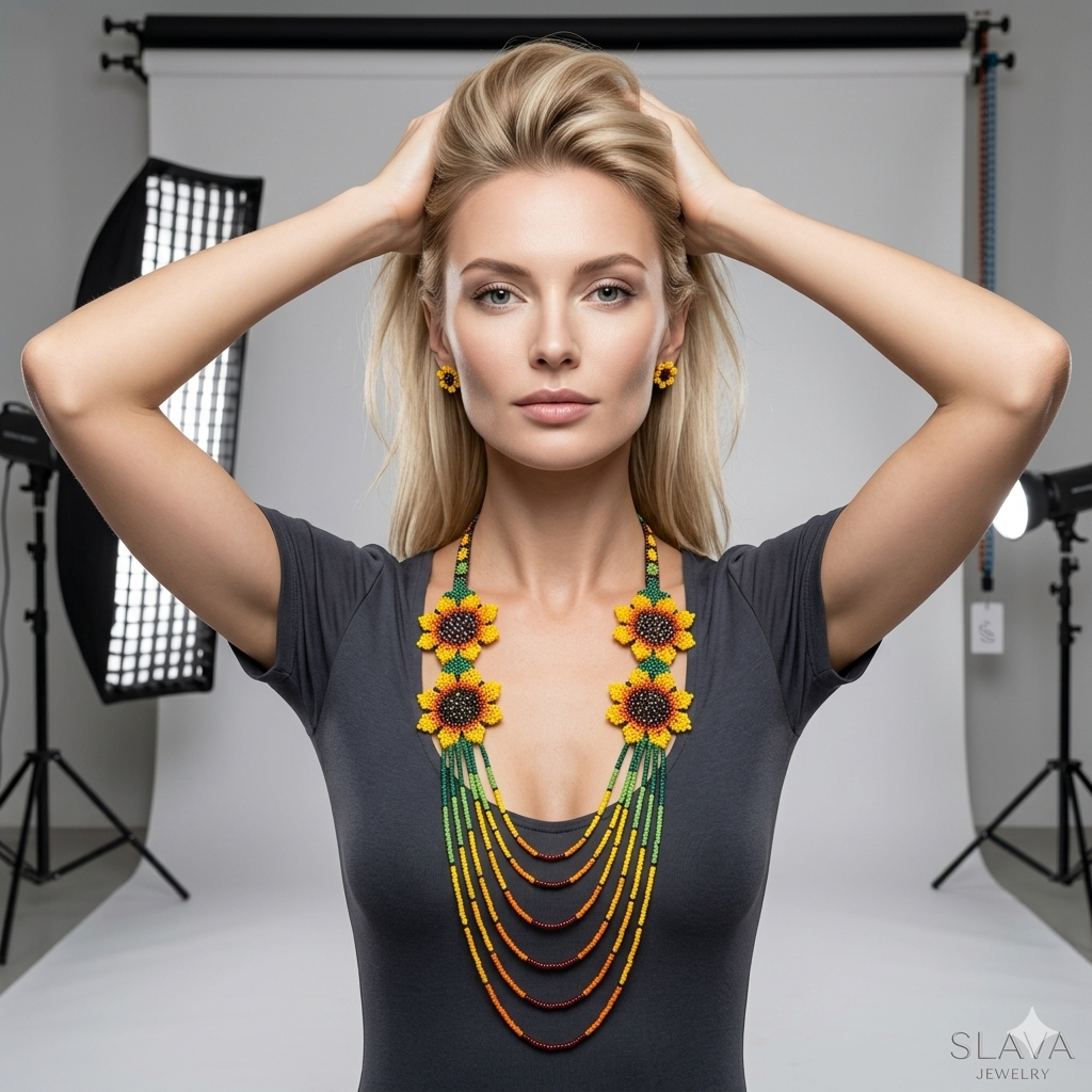 Mannequin blonde en studio tenant ses cheveux pour mettre en valeur un collier de perles multicouche aux motifs floraux vibrants.