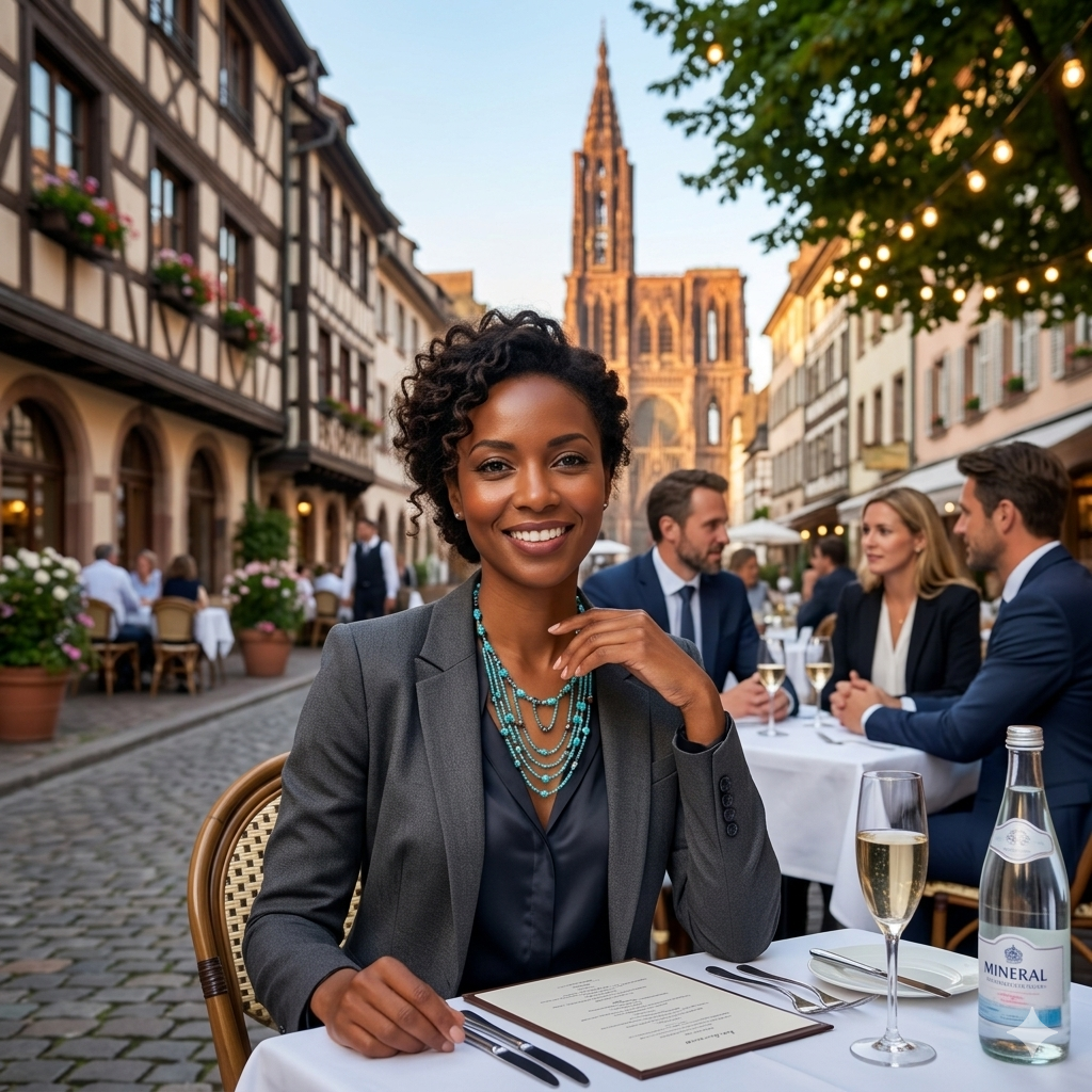 Femme professionnelle portant le collier lors d'un dîner en terrasse à Strasbourg, mettant en valeur le bijou par une posture élégante.