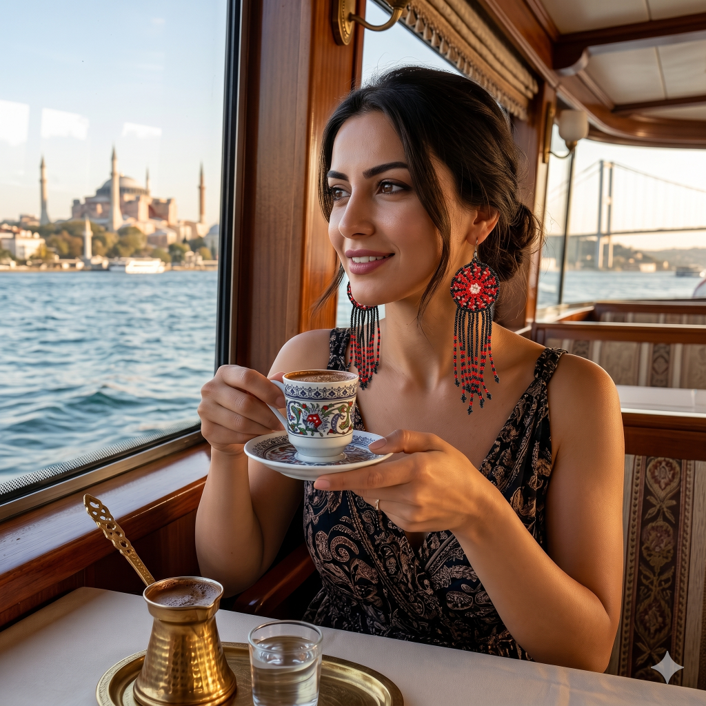 Femme dégustant un café sur un bateau sur le Bosphore avec la Mosquée bleue en fond, mettant en valeur les grandes boucles d'oreilles perlées.