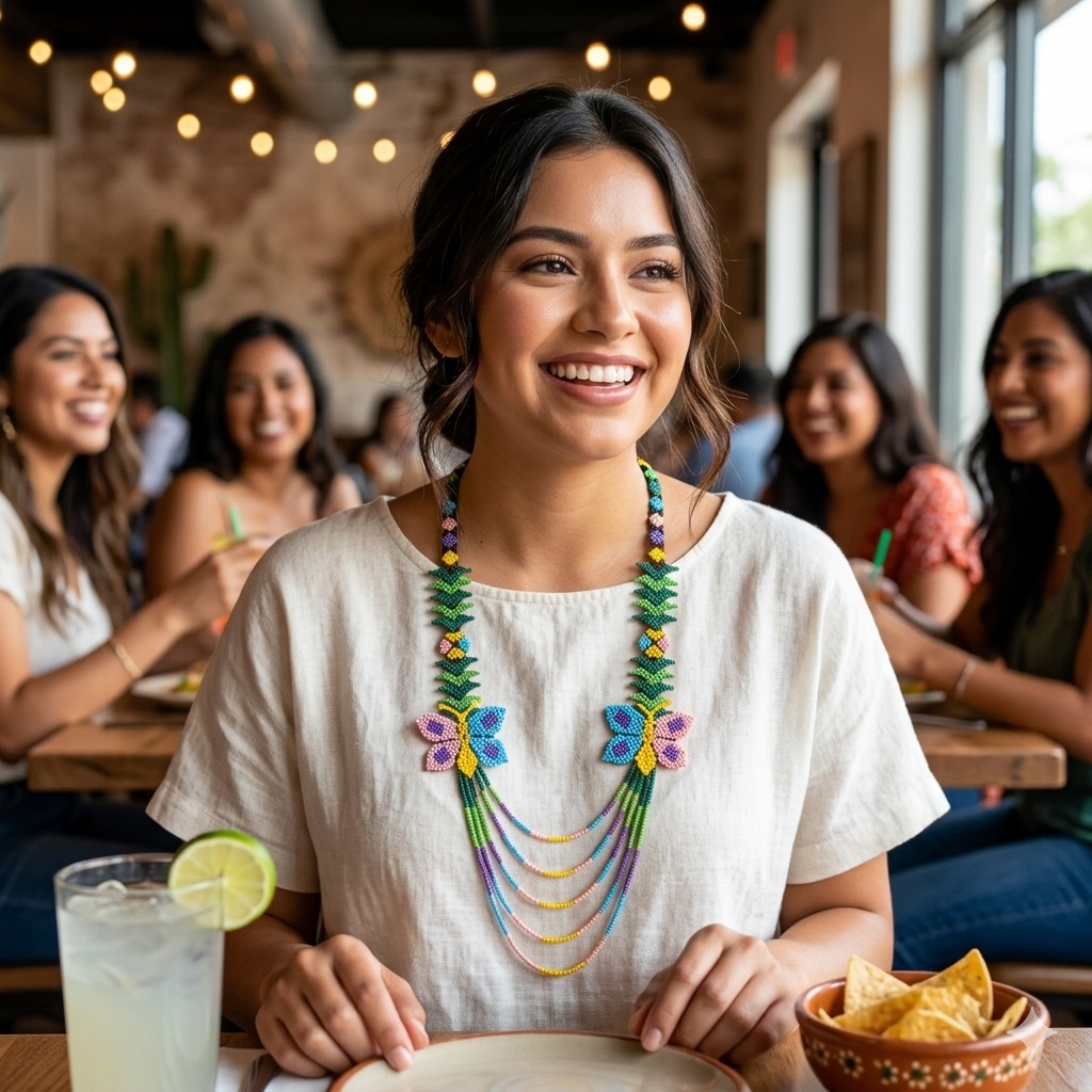 Jeune femme d'origine mexicaine portant le collier papillon Artisanat Zenka lors d'un repas entre amies.