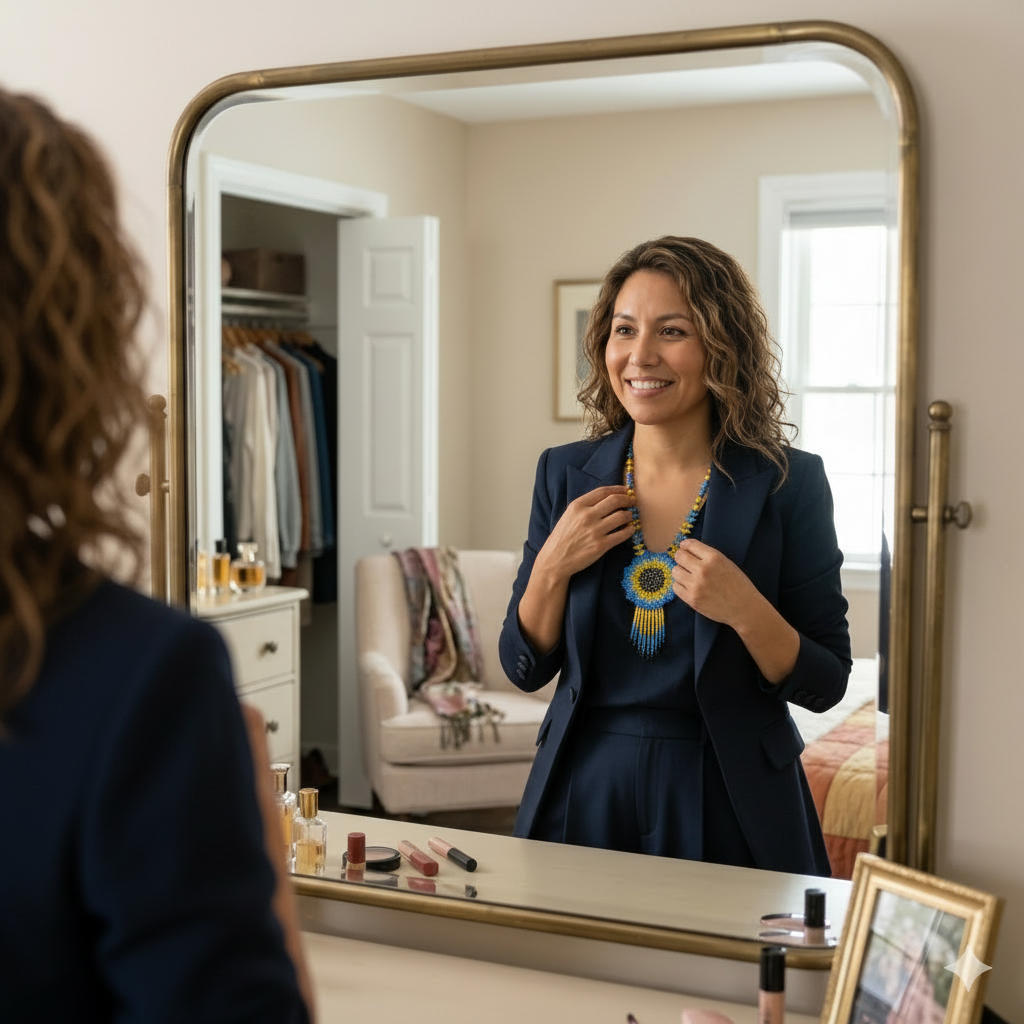 Femme souriante admirant son collier perlé bleu et jaune dans un miroir de chambre, illustrant l'élégance au quotidien.