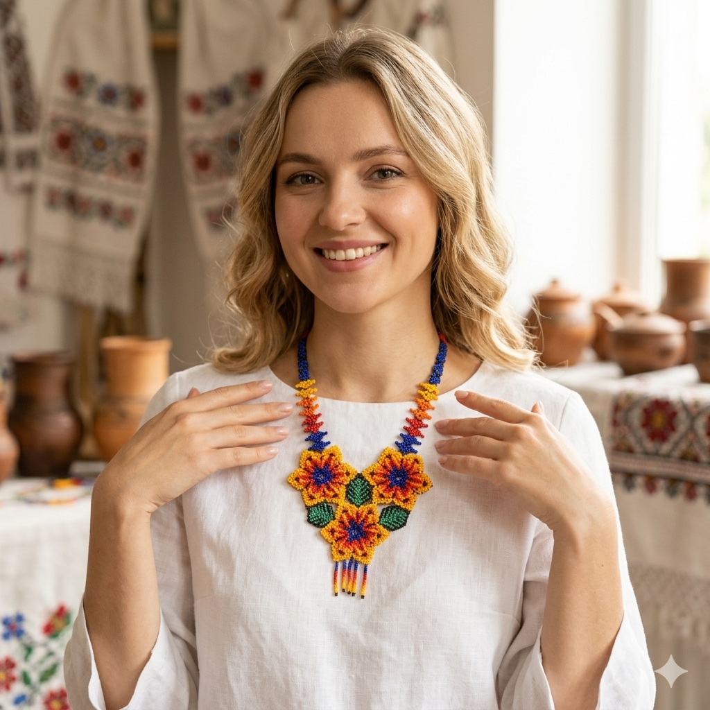 Femme blonde souriante portant une blouse blanche et un collier en perles aux couleurs vives (orange, rouge, bleu) dans un décor artisanal.