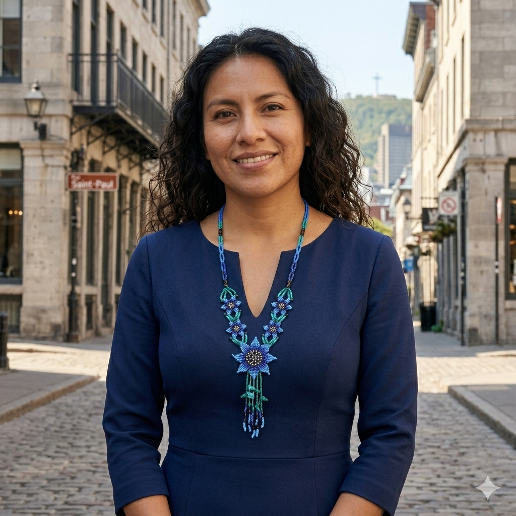 Femme d'affaires élégante portant un collier artisanal bleu sur une robe bleu marine, avec le Vieux-Montréal en arrière-plan.