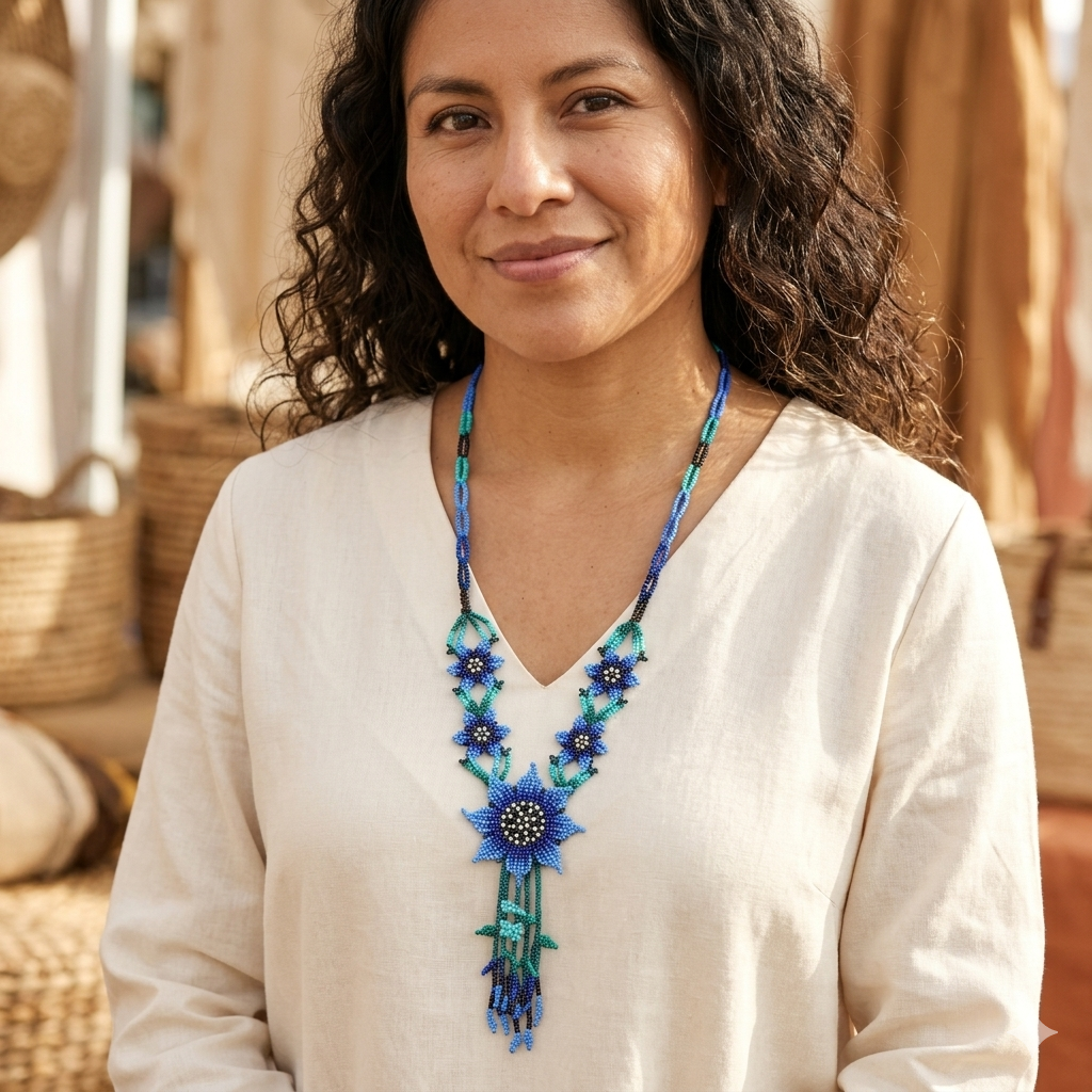 Femme d'affaires élégante portant un collier artisanal bleu sur une robe bleu marine.