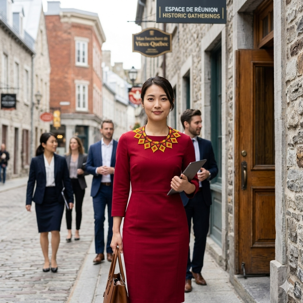 Femme d'affaires japonaise en robe rouge devant un bâtiment du Vieux-Québec portant un collier ethnique en perles.