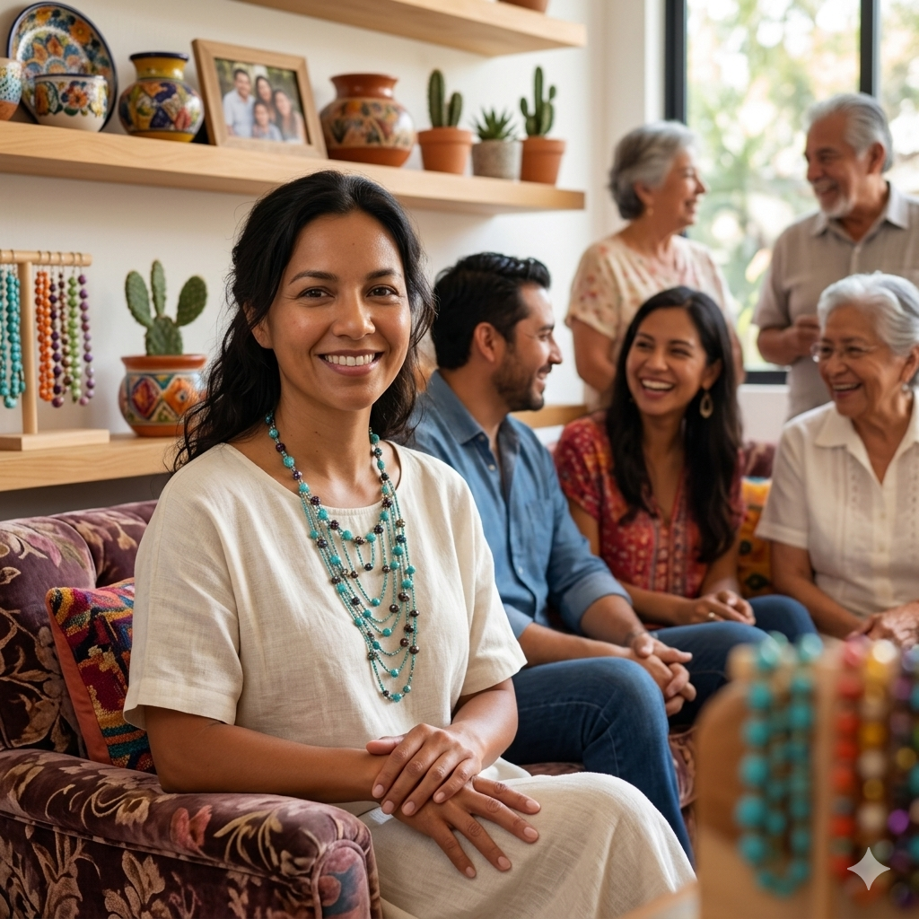 Femme mexicaine élégante portant le collier de perles Artisanat Zenka lors d'une réunion de famille conviviale dans un salon décoré.