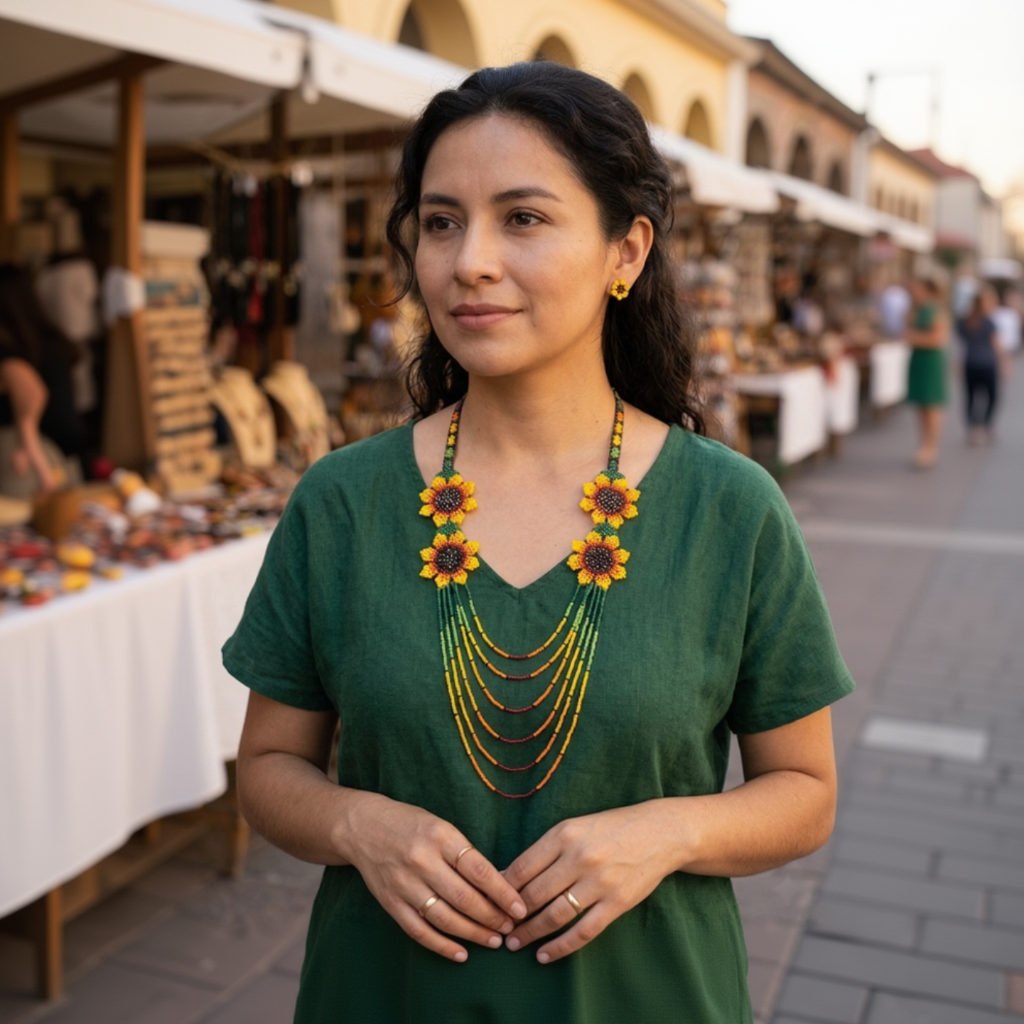 Portrait d'une femme portant un collier de perles artisanal à fleurs jaunes et des boucles d'oreilles assorties dans un marché extérieur.
