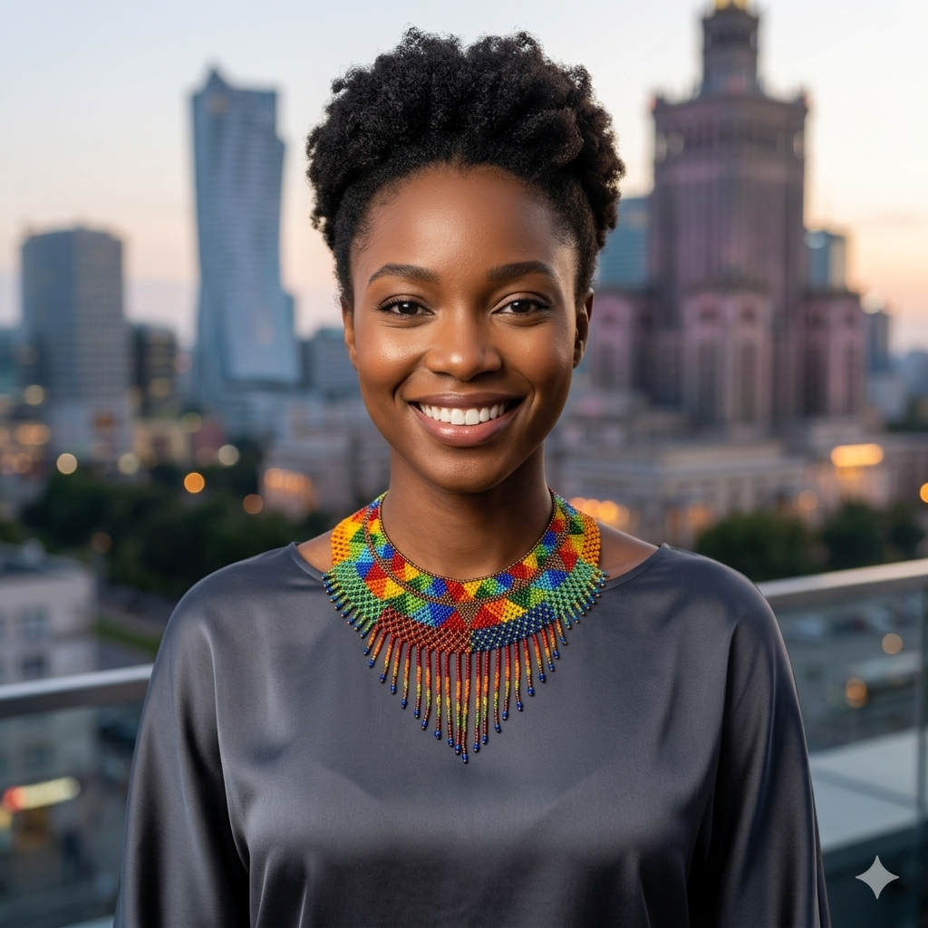 Mannequin professionnelle noire souriante mettant en vedette le collier artisanal Zenka avec une vue urbaine de Varsovie en arrière-plan au crépuscule.