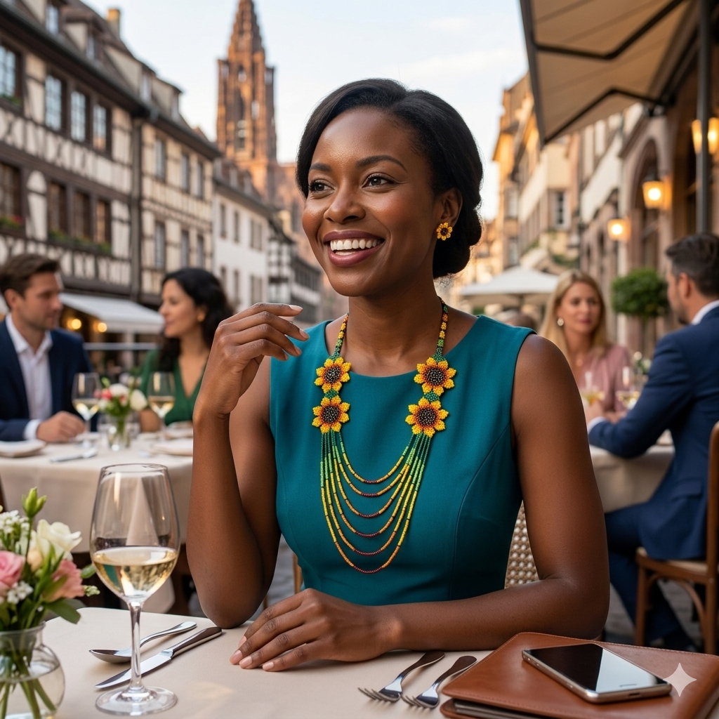 Femme d'affaires élégante portant un collier tournesol en perles lors d'un dîner en terrasse dans le quartier historique de Strasbourg.