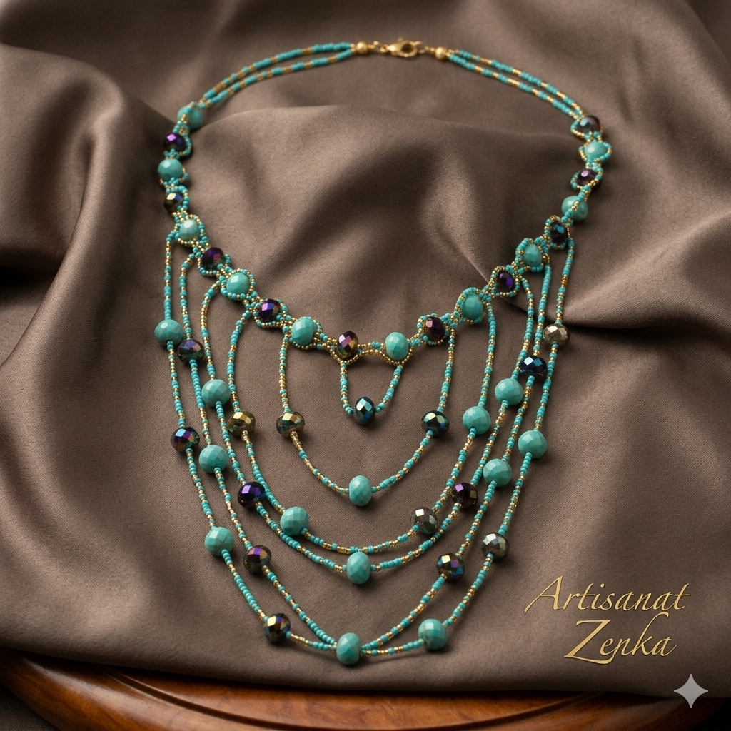 Gros plan artistique du collier de perles turquoise déposé sur un tissu de soie marron avec le logo doré Artisanat Zenka.