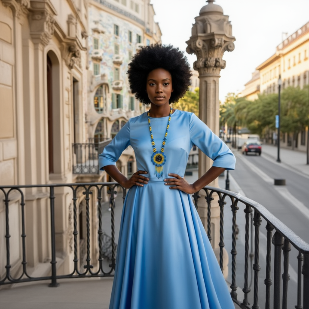 Mannequin professionnelle à Barcelone portant le collier perlé Zenka avec un haut bleu ciel, architecture espagnole en arrière-plan.