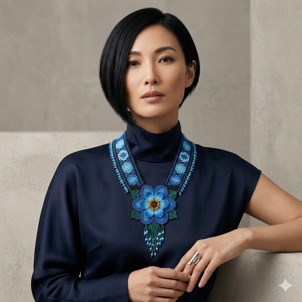 Mannequin japonaise stylée portant le collier bleu sur un col roulé foncé, éclairage de studio minimaliste et élégant.