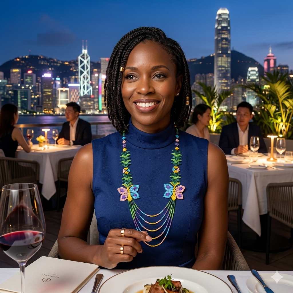 Femme noire professionnelle portant le collier artisanal lors d'un dîner avec la ligne d'horizon de Hong Kong en arrière-plan.