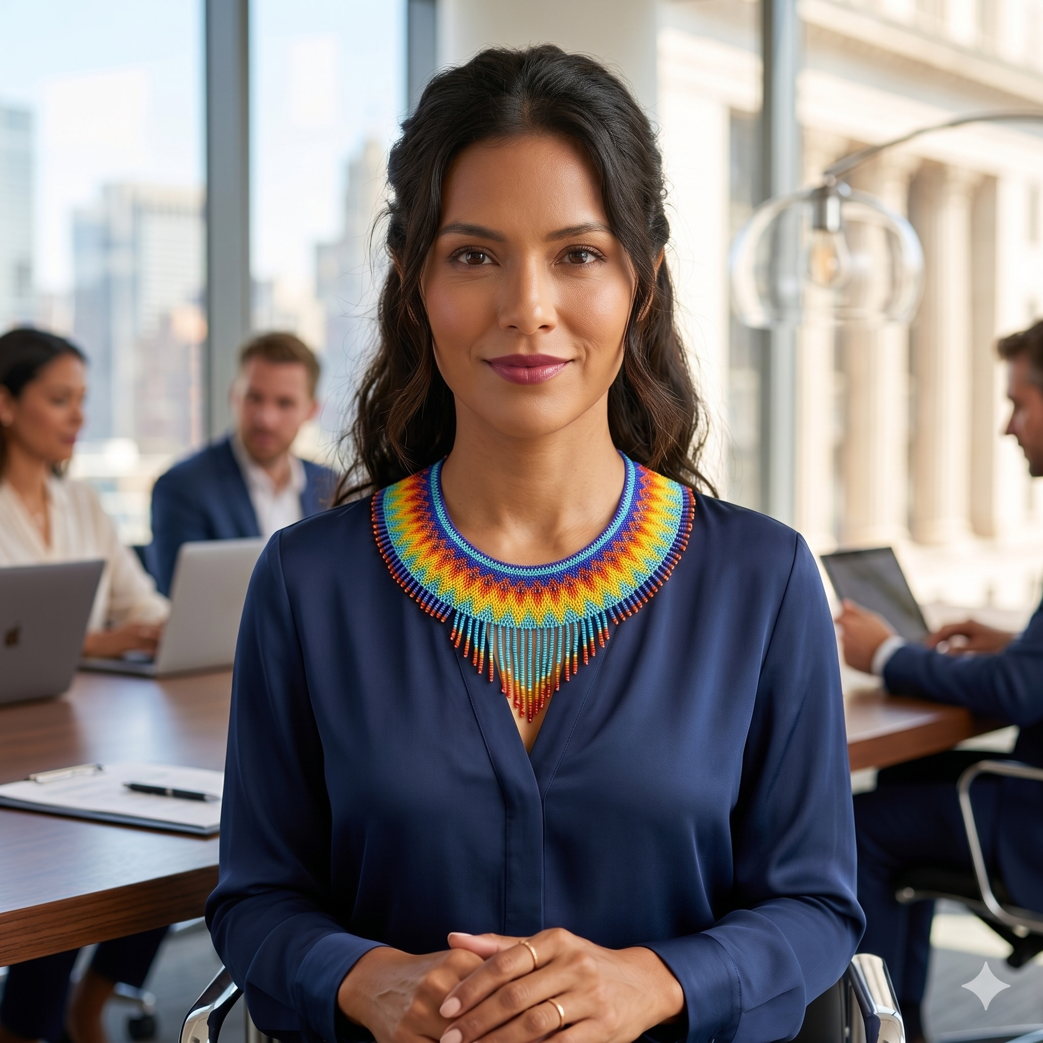 Femme élégante portant un collier pectoral en perles colorées lors d'une réunion professionnelle, illustrant un style business chic et audacieux.