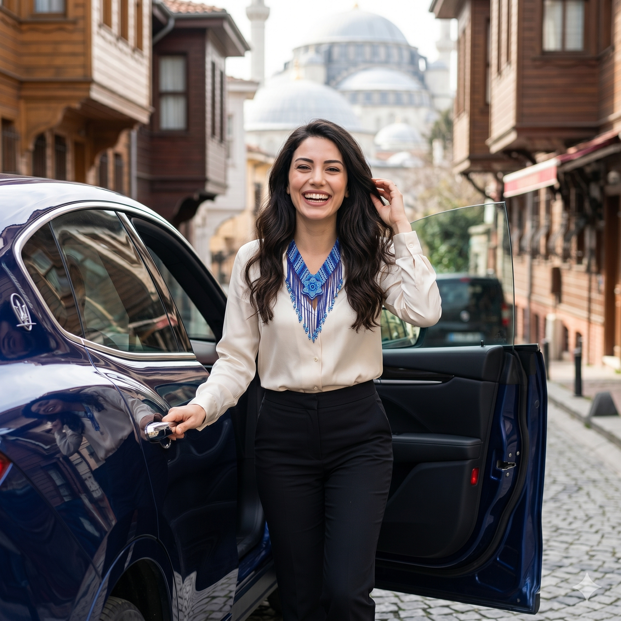 Femme souriante descendant d'une voiture de luxe dans une rue historique d'Istanbul, mettant en valeur un collier ethnique en perles bleues sur un chemisier blanc.