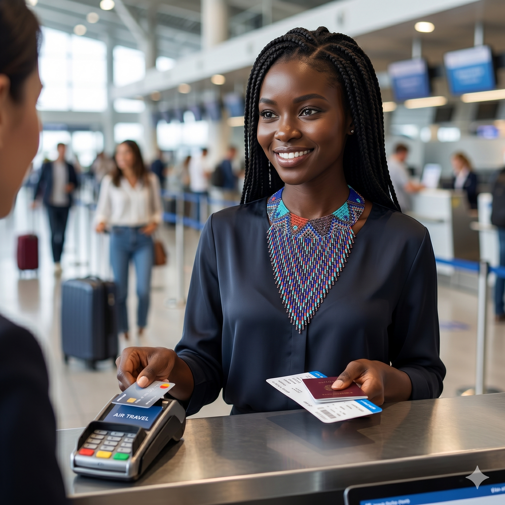 Femme  souriante avec des tresses portant un grand collier en perles artisanales au comptoir d'un aéroport, symbolisant l'élégance internationale.