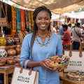 Une commerçante souriante au marché portant le collier floral en perles de l'Atelier Beccar. Le bijou artisanal est mis en valeur dans un environnement authentique et coloré, soulignant son style universel.