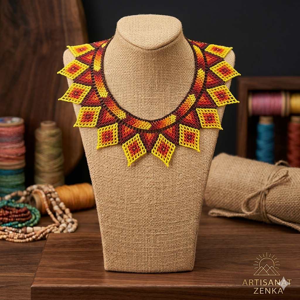 Image professionnelle du collier perlé sur buste dans un atelier de création avec le logo Artisanat Zenka en bas à droite.