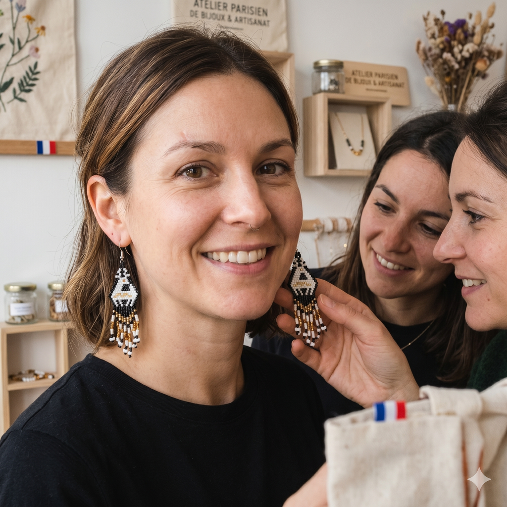 Une femme à Paris essaie les boucles d'oreilles perlées Artisanat Zenka pendant que ses amies admirent le design et les détails du bijou dans un atelier de mode.
