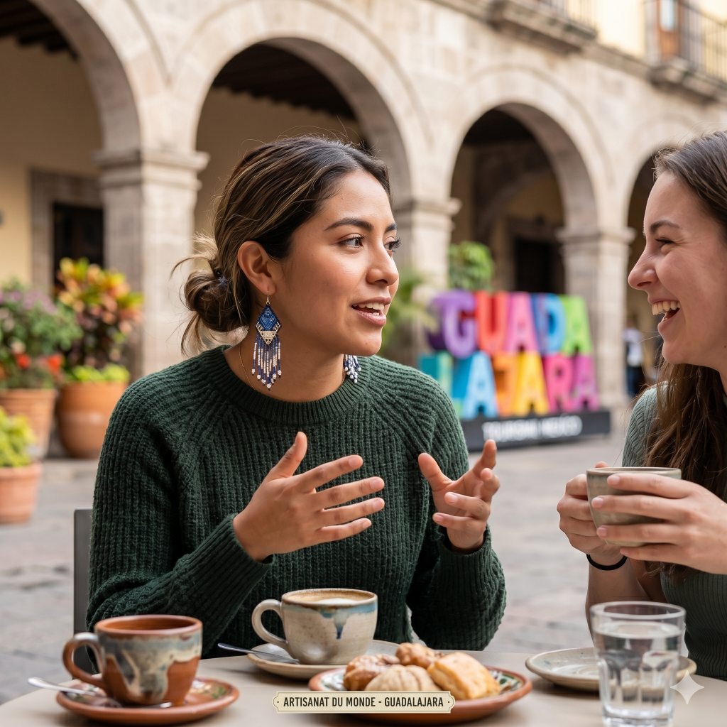 Deux amies discutant en terrasse à Guadalajara, l'une portant des boucles d'oreilles en perles tissées bleues et argentées.