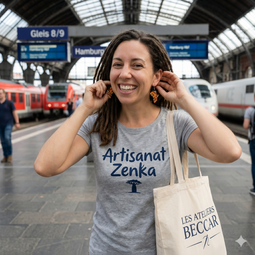 Femme avec des tresses dreadlocks dans une gare allemande, portant un t-shirt gris "Artisanat Zenka", un sac cabas en toile "Les Ateliers BECCAR" et les boucles d'oreilles en perles africaines.