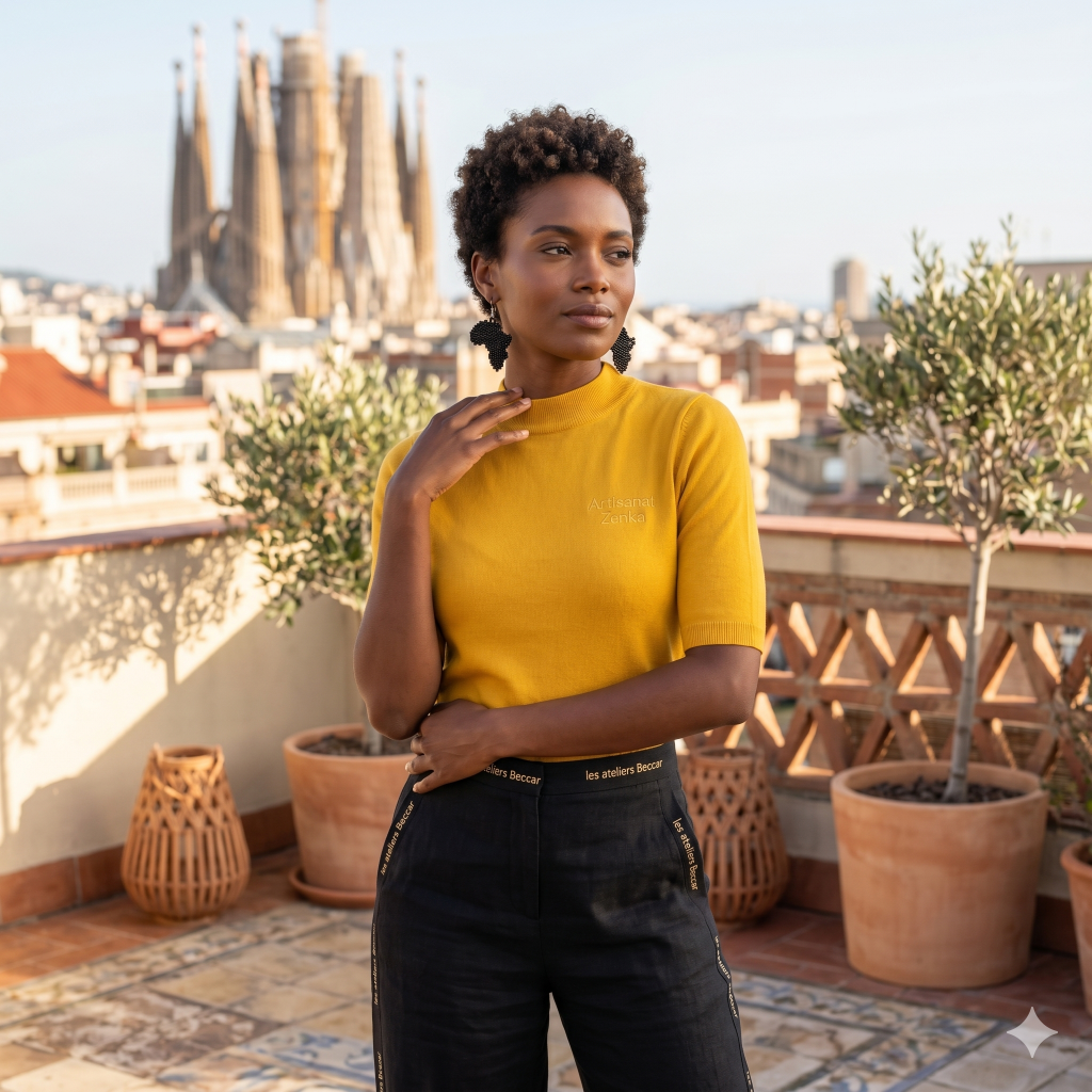 Shooting professionnel à Barcelone d'une femme portant un haut jaune Artisanat Zenka et des boucles d'oreilles noires en forme d'Afrique.