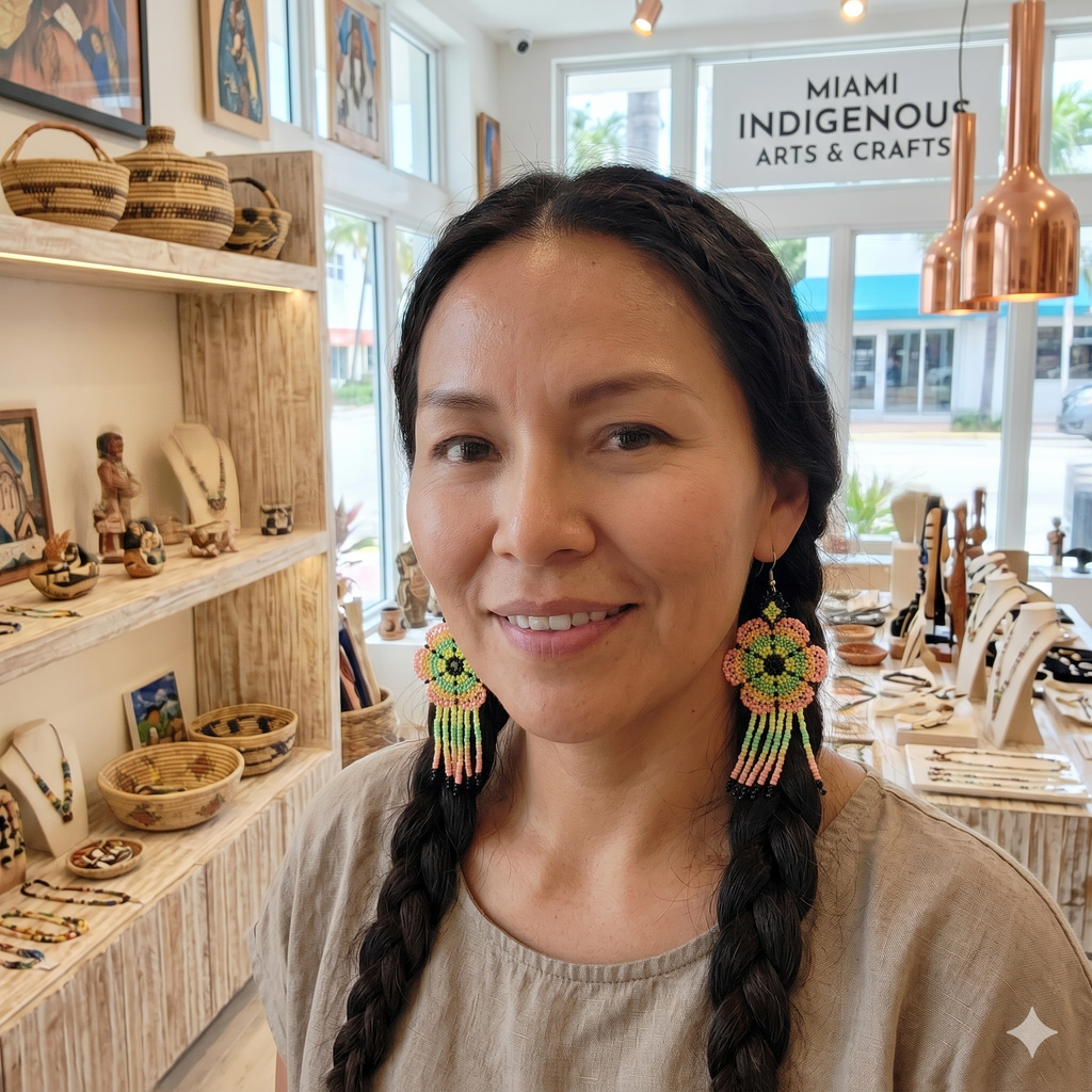 Femme dans une boutique d'artisanat à Miami mettant en valeur des boucles d'oreilles en perles tissées avec des franges colorées.
