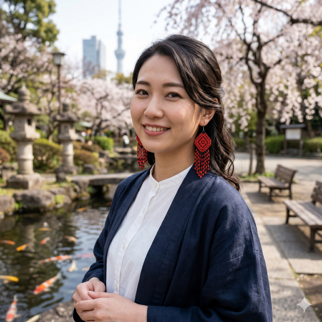 Jeune femme dans un parc à Tokyo avec des cerisiers en fleurs, portant des boucles d'oreilles en perles rouges et noires de la collection Zenka.