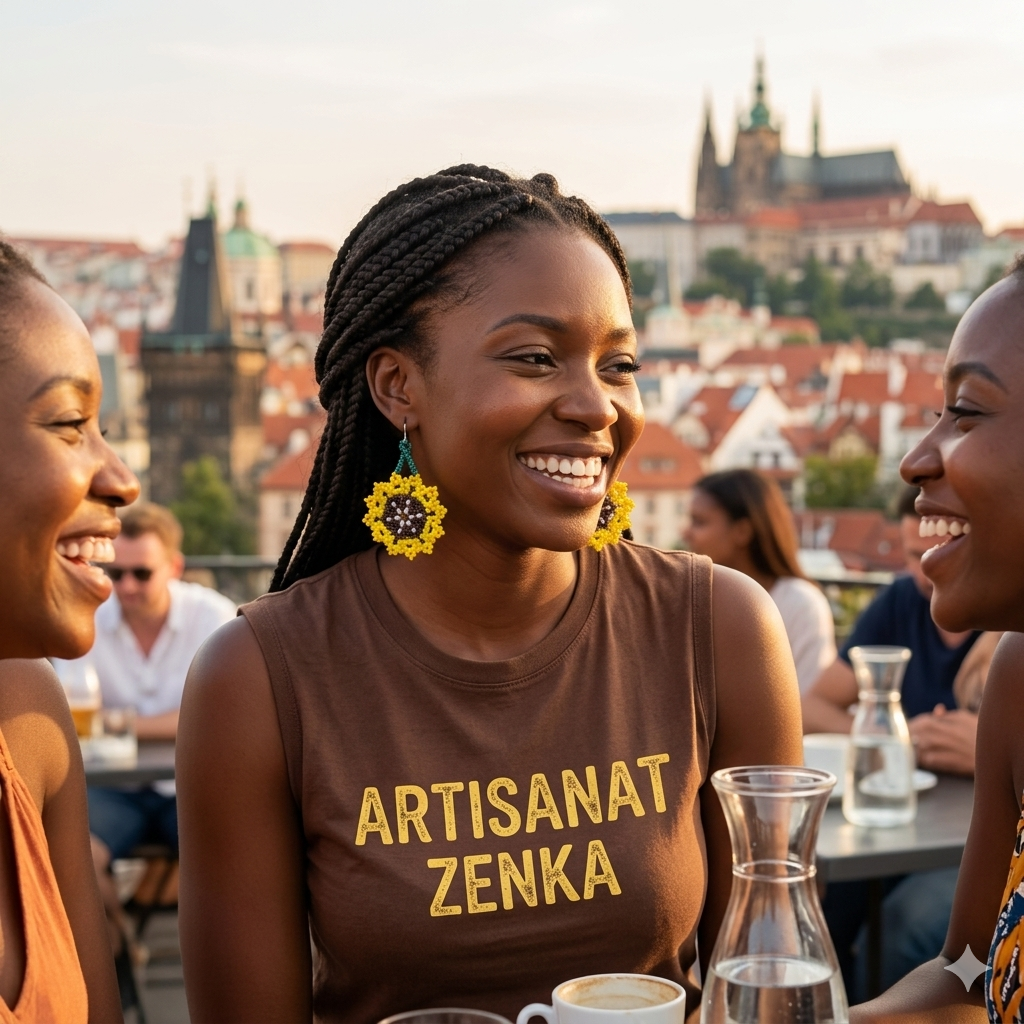 Femme avec des tresses portant des boucles d'oreilles fleurs en perles et un t-shirt marron "Artisanat Zenka" sur une terrasse surplombant le centre historique de Prague.