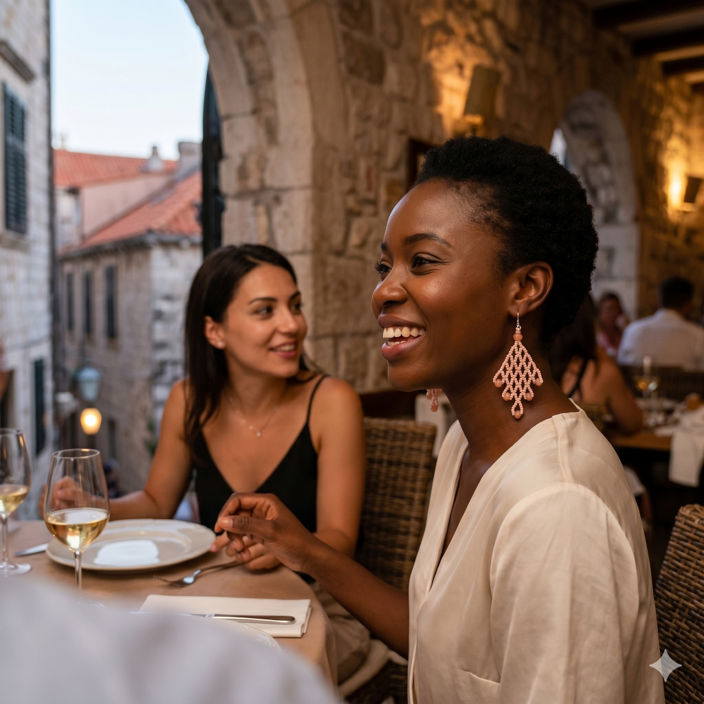 Femme élégante portant les boucles d'oreilles perlées roses Artisanat Zenka lors d'un dîner à Dubrovnik, Croatie, format carré Shopify.