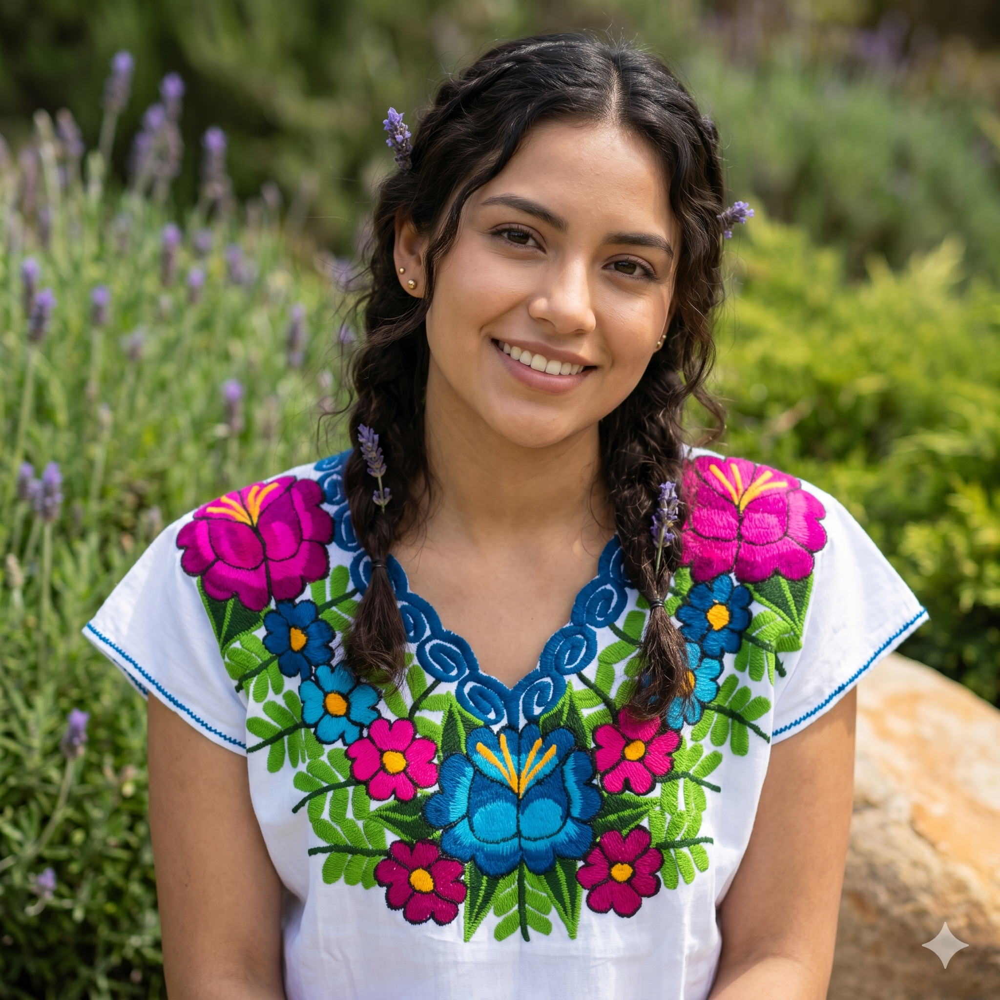 Femme souriante portant une blouse blanche mexicaine avec broderies florales colorées faites main, assise dans un jardin ensoleillé.