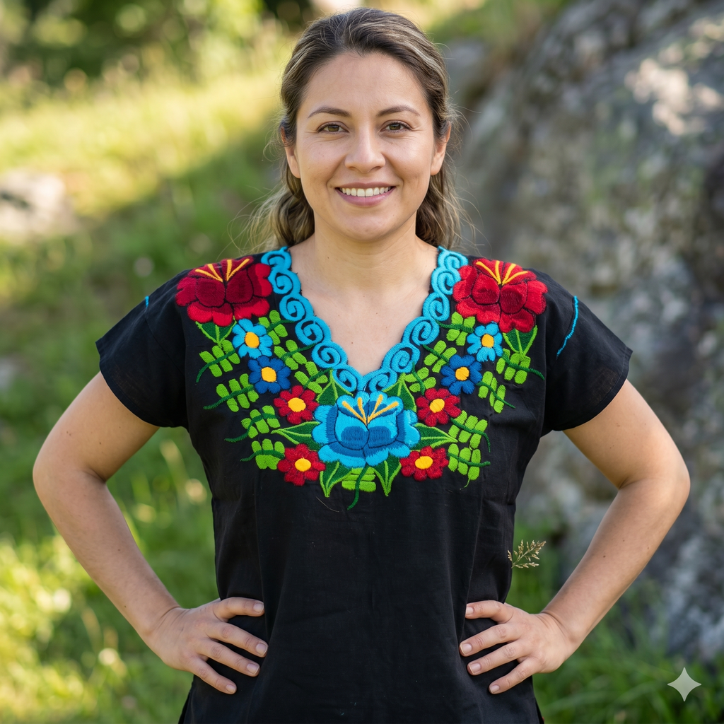 Femme souriante portant une blouse mexicaine noire avec broderies artisanales fleurs rouges et bleues, style bohème chic pour été.