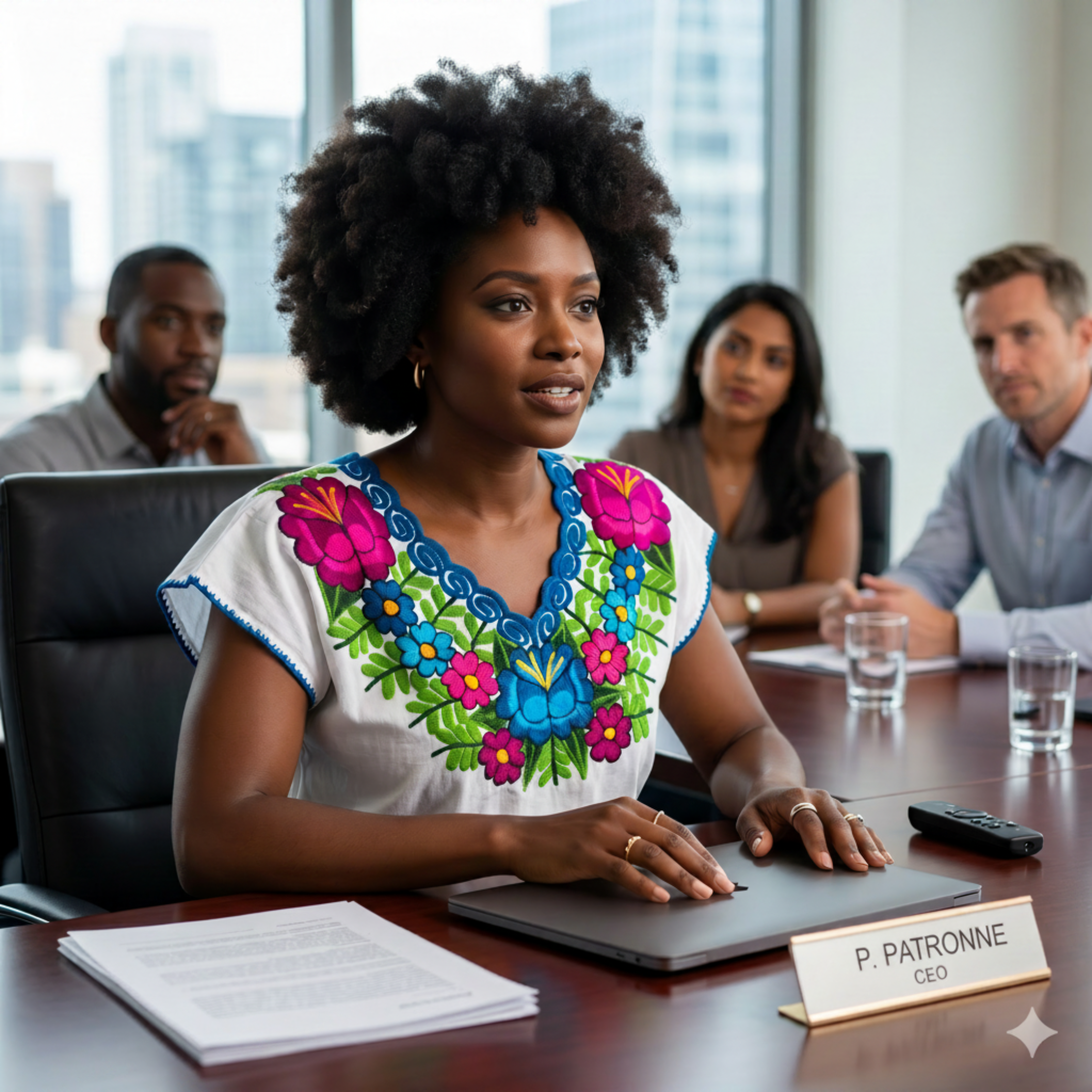 Femme très belle entrepreneure avec coupe afro portant une blouse brodée traditionnelle lors d'une réunion d'affaires en salle de conseil, image de leadership et de réussite.