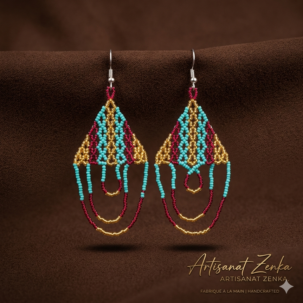 Gros plan professionnel des boucles d'oreilles Artisanat Zenka en perles turquoise, bordeaux et or sur un support en tissu marron, mettant en valeur les tiges en argent.