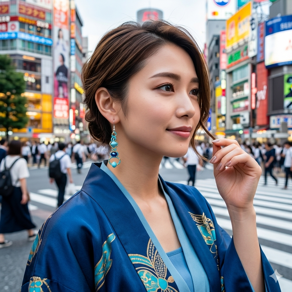 Femme originaire du Japon portant des boucles d'oreilles pendantes en perles bleues et dorées d'Artisanat Zenka dans les rues de Tokyo, tenue bleue élégante.