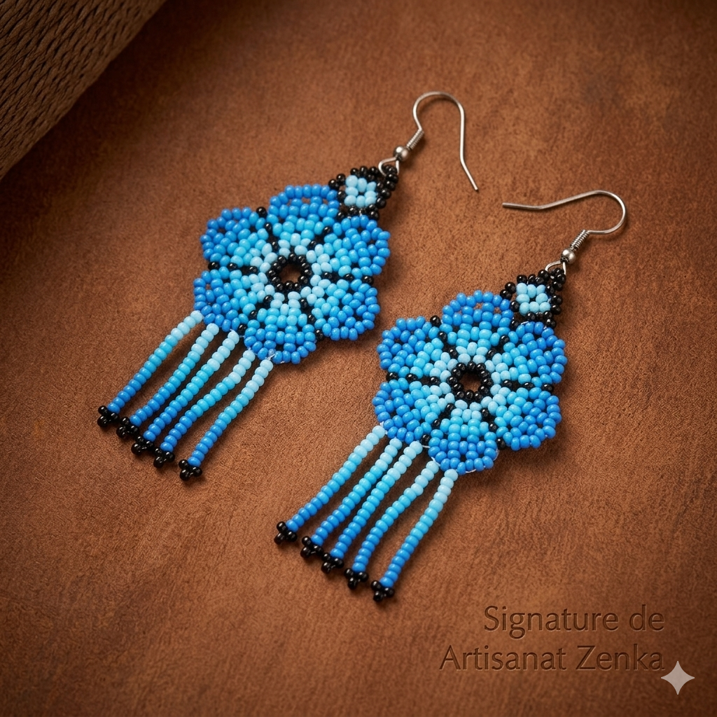 Vue rapprochée professionnelle de boucles d'oreilles en perles bleues avec motifs floraux et franges sur fond marron texturé avec signature Artisanat Zenka.