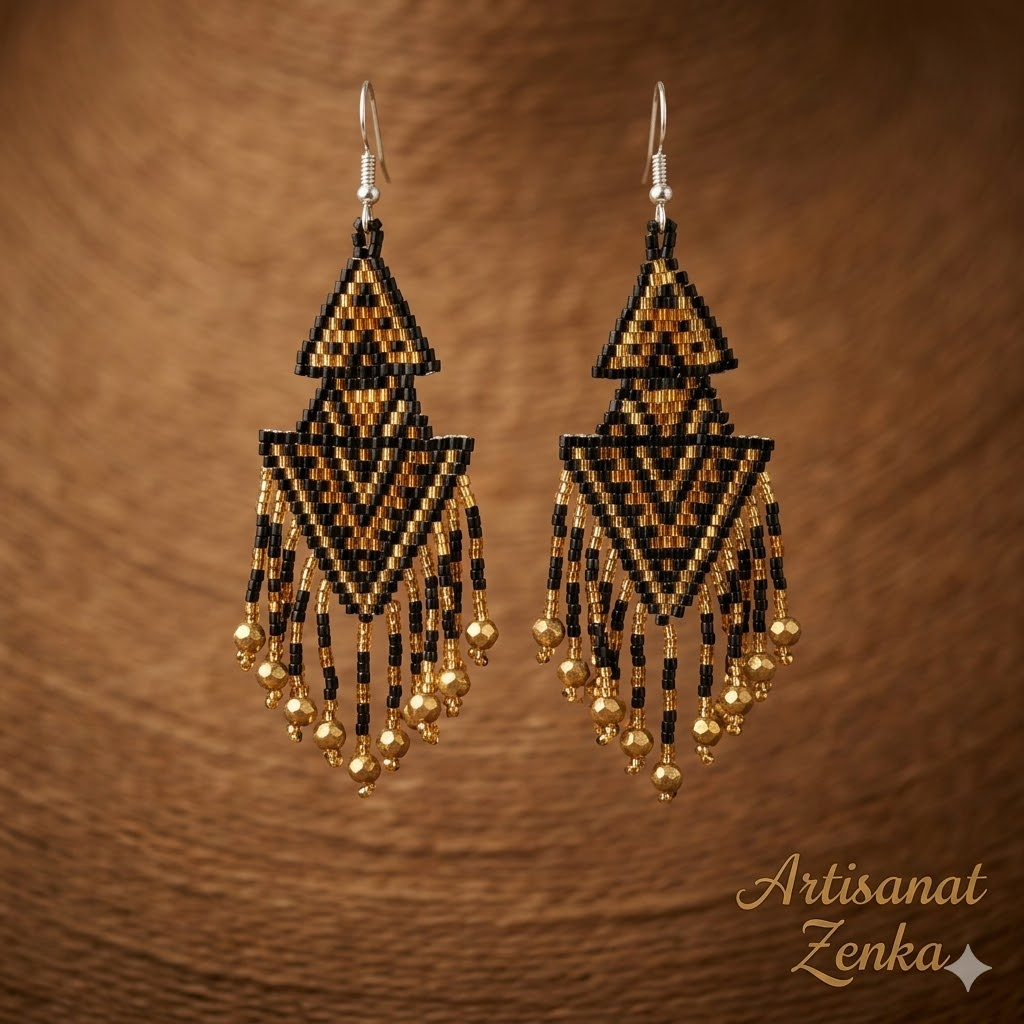 Photographie professionnelle en gros plan de boucles d'oreilles artisanales Artisanat Zenka avec motifs géométriques en perles noires et dorées et franges perlées, présentées sur un fond textile marron texturé.