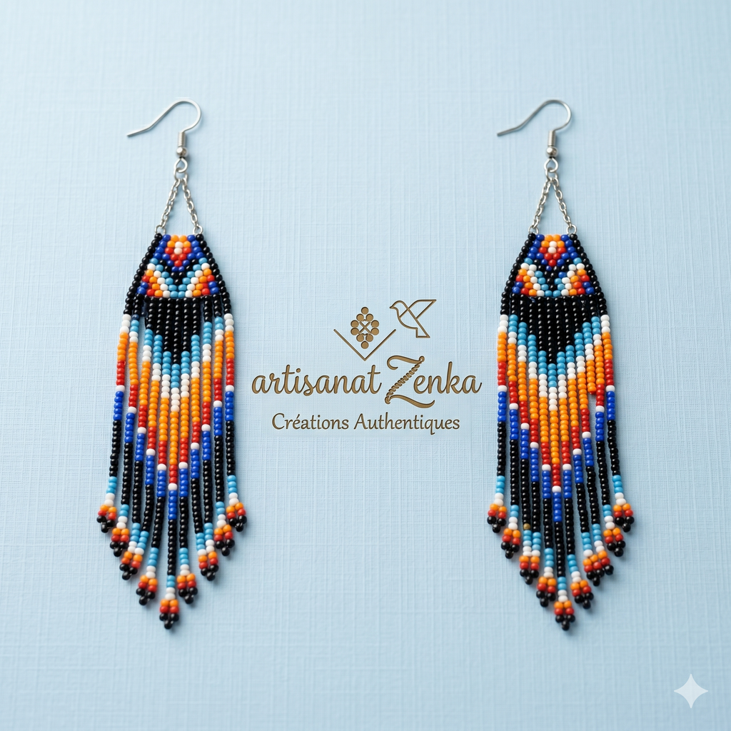 Paire de boucles d'oreilles artisanales en perles multicolores (bleu, orange, noir) sur fond bleu pâle avec logo Artisanat Zenka et signature Créations Authentiques.