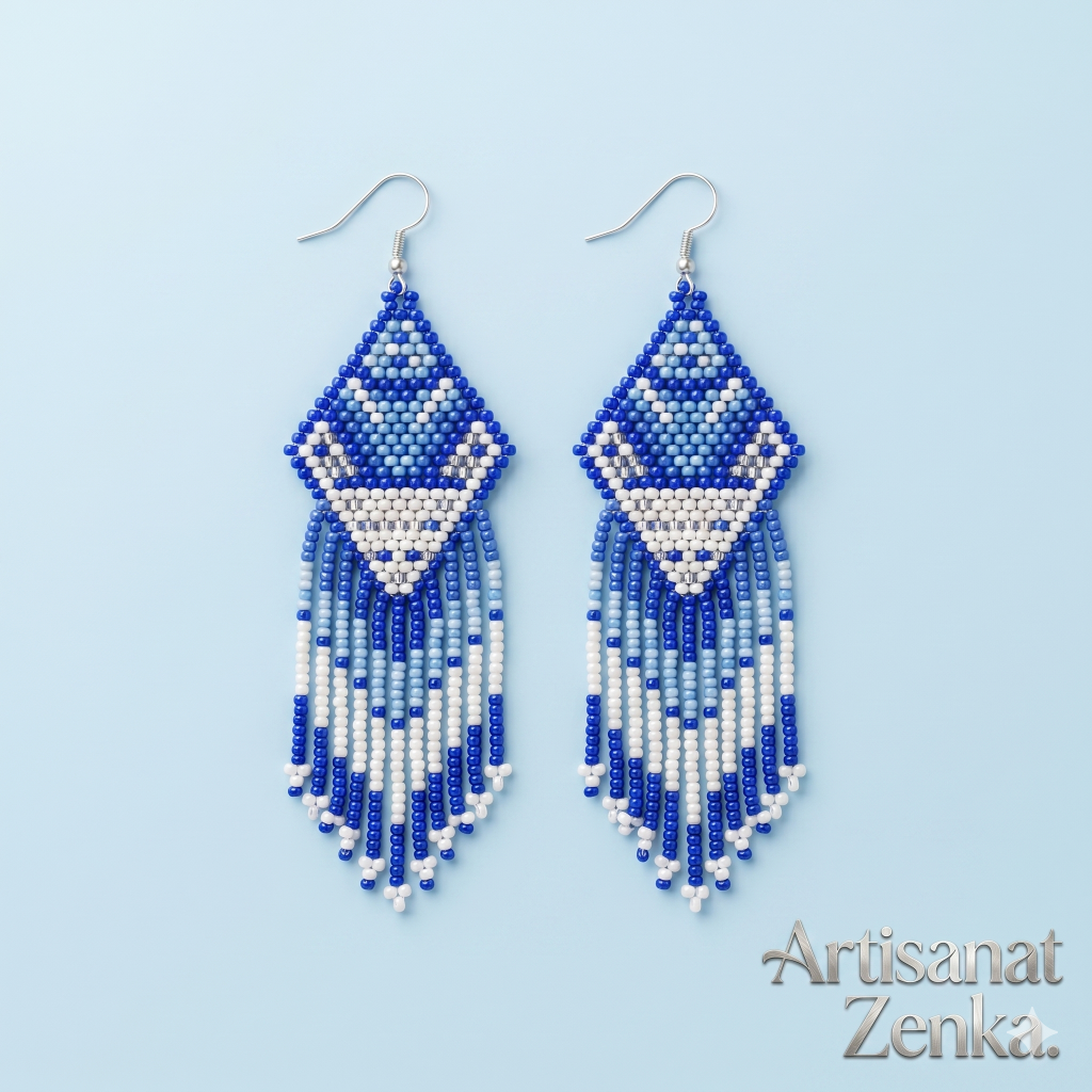 Photographie professionnelle sur fond bleu pâle des boucles d'oreilles Artisanat Zenka en perles de rocaille avec motifs losanges et franges.