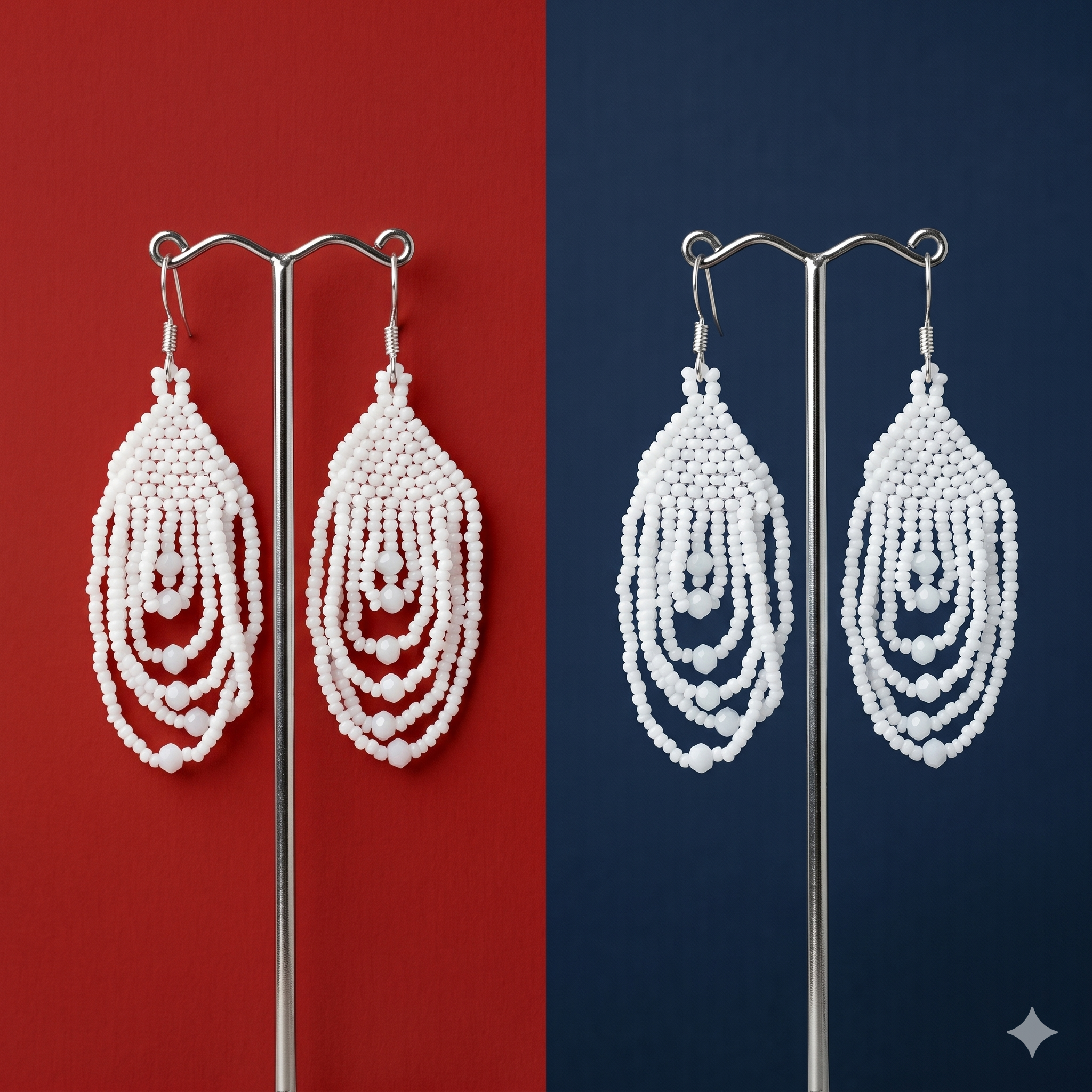 Montage photo montrant les boucles d'oreilles en perles blanches sur deux fonds contrastés, rouge vif et bleu marine, mettant en relief le travail artisanal.