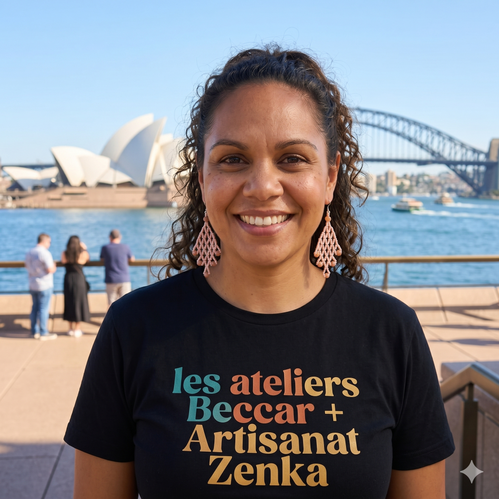 Femme  à Sydney portant les boucles d'oreilles perlées roses et un t-shirt noir logoté Les Ateliers Beccar + Artisanat Zenka, avec l'Opéra de Sydney en arrière-plan.