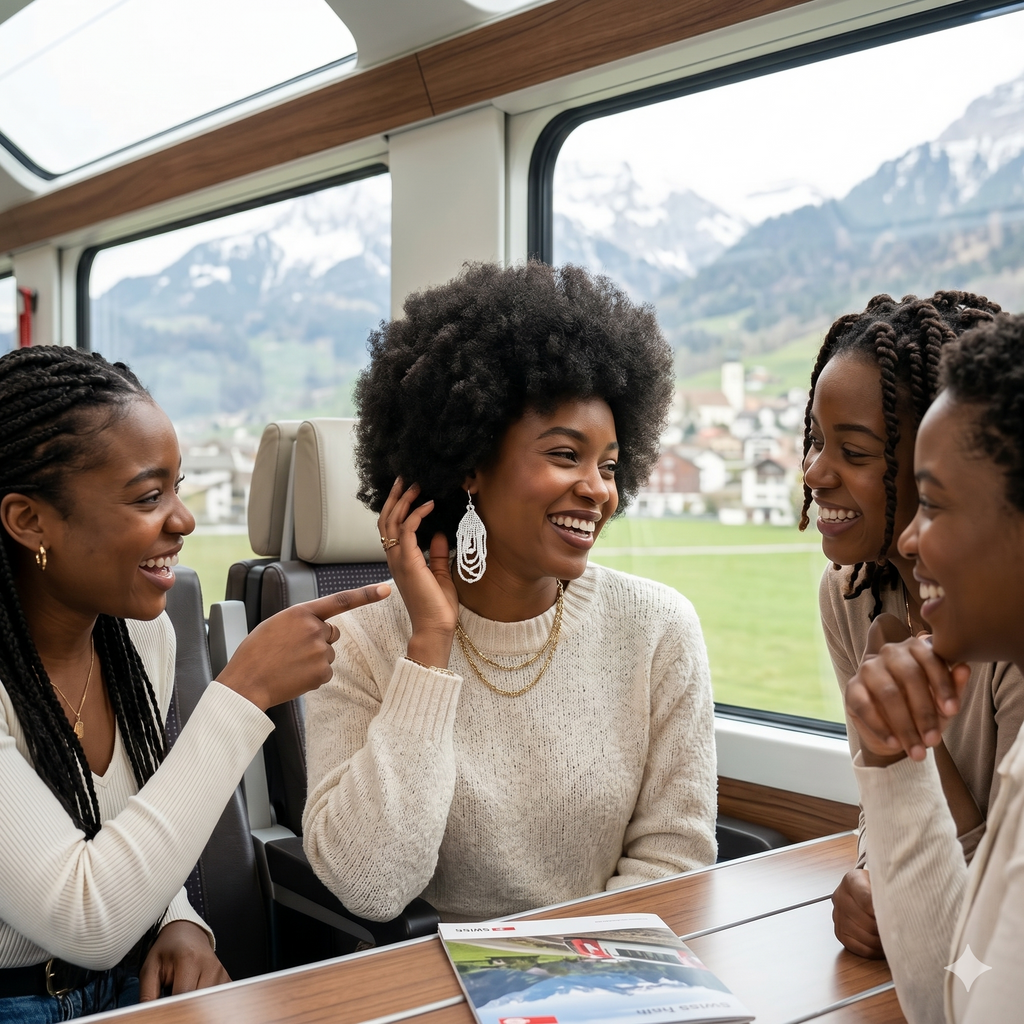 Femme élégante avec une coupe afro mettant en valeur les boucles d'oreilles blanches Zenka dans un train panoramique suisse avec vue sur les montagnes.