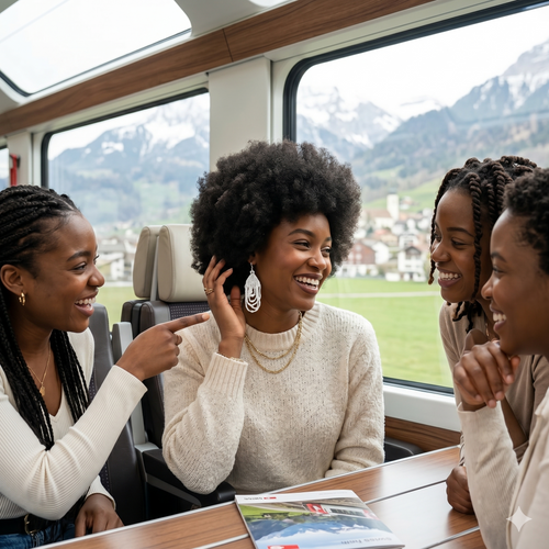 Femme élégante avec une coupe afro mettant en valeur les boucles d'oreilles blanches Zenka dans un train panoramique suisse avec vue sur les montagnes.