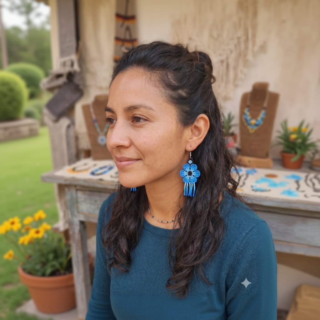 Paire de boucles d'oreilles artisanales en perles de rocaille bleues et noires en forme de fleurs avec franges, présentées sur un buste de mannequin en osier marron.