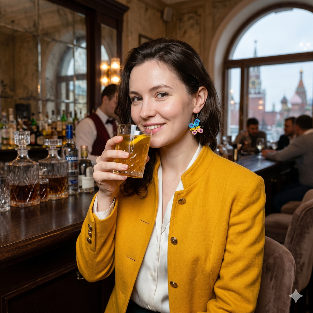 Gros plan d'une femme en veste jaune dans un café élégant mettant en valeur des boucles d'oreilles papillon perlées bleues et roses.