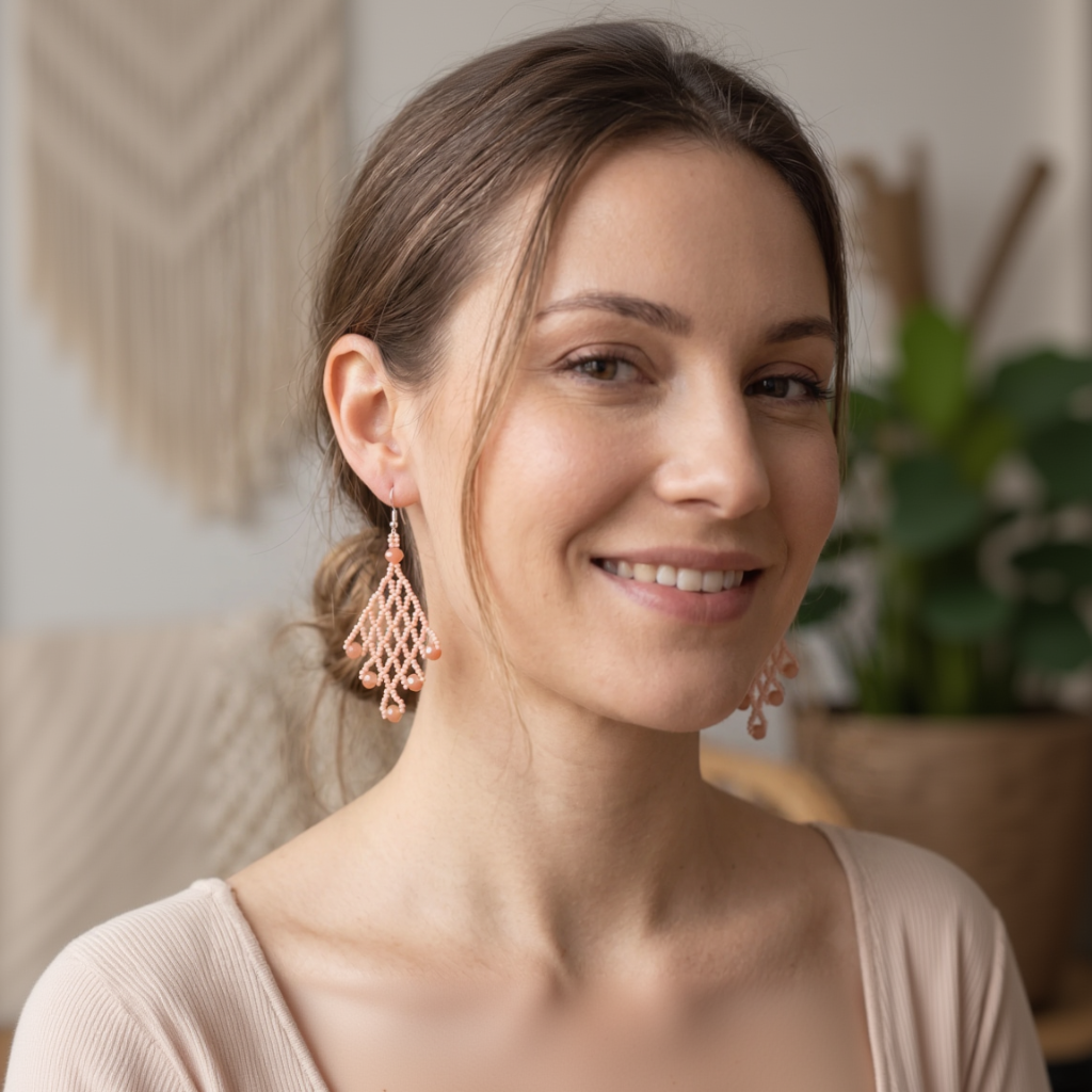 Gros plan d'une femme souriante portant des boucles d'oreilles pendantes en perles roses de style losange, Artisanat Zenka.