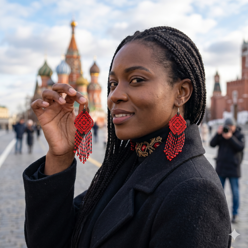 Femme noire posant sur la Place Rouge à Moscou, tenant et mettant en avant une boucle d'oreille artisanale en perles rouges et noires.