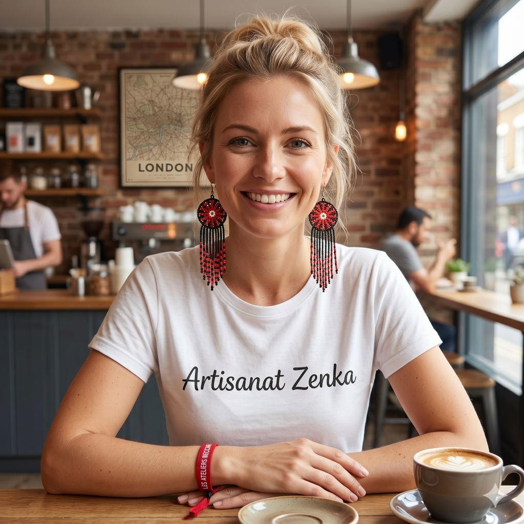 Femme blonde dans un café à Londres portant un t-shirt blanc Artisanat Zenka, un bracelet rouge Les Ateliers Beccar et les boucles d'oreilles perlées artisanales.