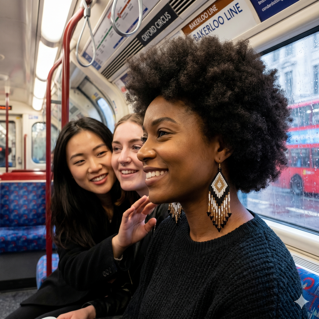 Gros plan d'une femme avec une coiffure afro portant les boucles d'oreilles perlées de la collection Artisanat Zenka dans un wagon du métro de Londres.