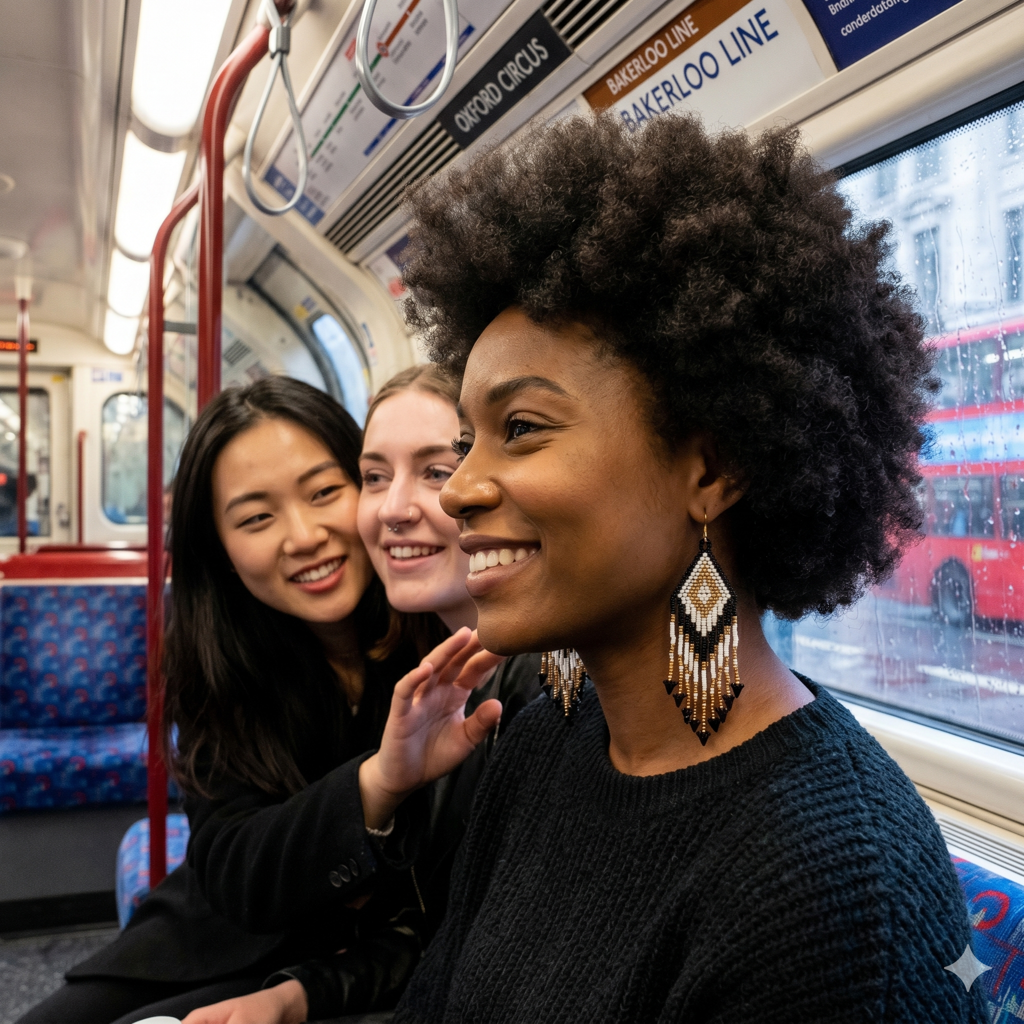 Gros plan d'une femme avec une coiffure afro portant les boucles d'oreilles perlées de la collection Artisanat Zenka dans un wagon du métro de Londres.